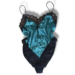 Vintage Lady Cameo Teal Satin Lace Teddy Bodysuit S
